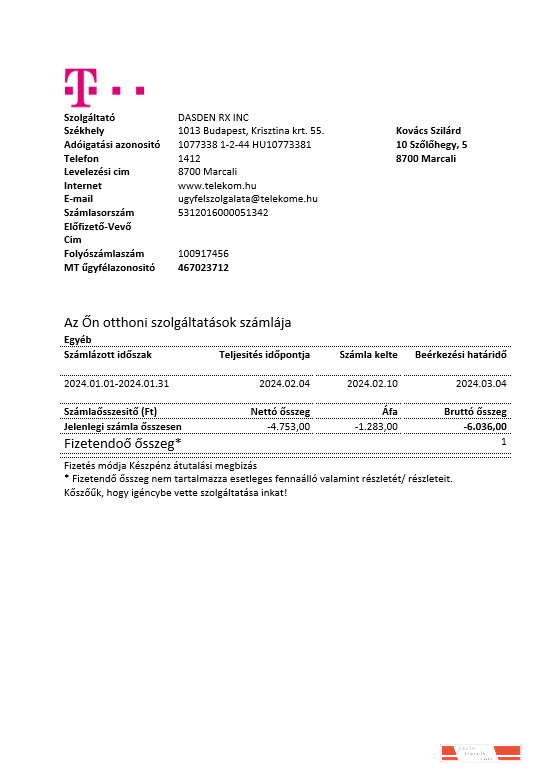 Hungary Magyartel business utility bill template in Word and PDF formats, fully editable